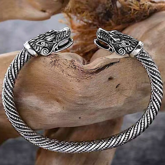 Silver Viking Wolf Head Twisted Norse Arm Band Cuff Bangle Bracelet Men Women - Picture 1 of 6
